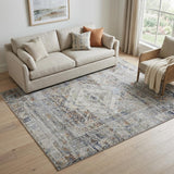 5' X 8' Gray Blue and Red Abstract Power Loom Worn Faded Area Rug