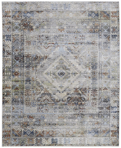 2' X 3' Gray Blue and Red Abstract Power Loom Worn Faded Area Rug