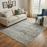 5' X 8' Ivory Green and Blue Floral Power Loom Worn Faded Area Rug