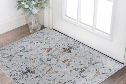 2' X 3' Gray Blue and Green Floral Power Loom Area Rug