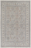 4' X 5' Silver Taupe and Blue Oriental Power Loom Worn Faded Area Rug With Fringe