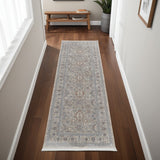 8' Silver Taupe and Blue Oriental Power Loom Worn Faded Runner Rug With Fringe