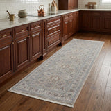 8' Silver Taupe and Blue Oriental Power Loom Worn Faded Runner Rug With Fringe
