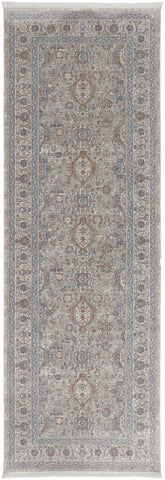 8' Silver Taupe and Blue Oriental Power Loom Worn Faded Runner Rug With Fringe