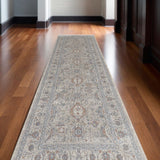 10' Silver Taupe and Blue Oriental Power Loom Runner Rug With Fringe