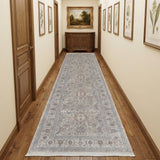 10' Silver Taupe and Blue Oriental Power Loom Runner Rug With Fringe