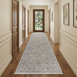 12' Silver Taupe and Blue Oriental Power Loom Worn Faded Runner Rug With Fringe