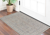 2' X 3' Silver Taupe and Blue Oriental Power Loom Worn Faded Area Rug With Fringe
