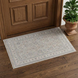 2' X 3' Silver Taupe and Blue Oriental Power Loom Worn Faded Area Rug With Fringe