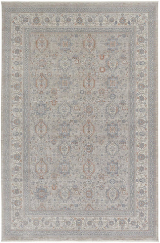 2' X 3' Silver Taupe and Blue Oriental Power Loom Worn Faded Area Rug With Fringe