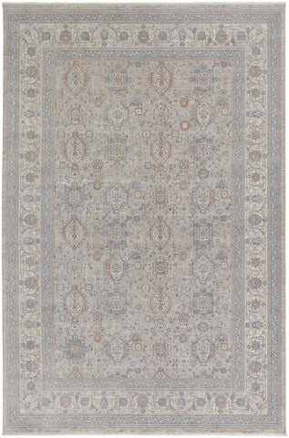 2' X 3' Silver Taupe and Blue Oriental Power Loom Worn Faded Area Rug With Fringe