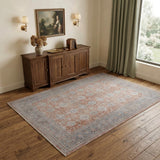 4' X 5' Blue and Red Oriental Power Loom Worn Faded Area Rug With Fringe