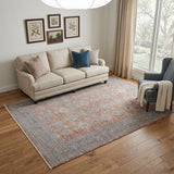 5' X 7' Blue and Red Oriental Power Loom Worn Faded Area Rug With Fringe