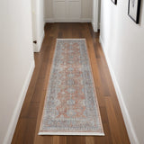 8' Blue and Red Oriental Power Loom Worn Faded Runner Rug With Fringe