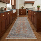 8' Blue and Red Oriental Power Loom Worn Faded Runner Rug With Fringe