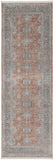 8' Blue and Red Oriental Power Loom Worn Faded Runner Rug With Fringe
