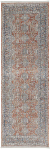 8' Blue and Red Oriental Power Loom Worn Faded Runner Rug With Fringe