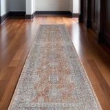 12' Blue and Red Oriental Power Loom Worn Faded Runner Rug With Fringe