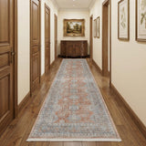 12' Blue and Red Oriental Power Loom Worn Faded Runner Rug With Fringe