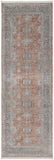 12' Blue and Red Oriental Power Loom Worn Faded Runner Rug With Fringe