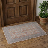 2' X 3' Blue and Red Oriental Power Loom Worn Faded Area Rug With Fringe