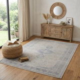 4' X 5' Gray Blue and Taupe Oriental Power Loom Worn Faded Area Rug With Fringe