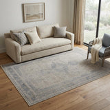 5' X 7' Gray Blue and Taupe Oriental Power Loom Worn Faded Area Rug With Fringe