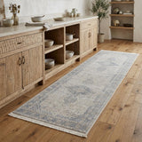 8' Gray Blue and Taupe Oriental Power Loom Worn Faded Runner Rug With Fringe