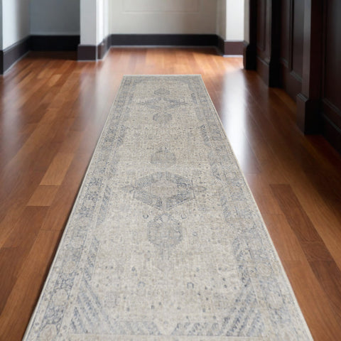 10' Gray Blue and Taupe Oriental Power Loom Runner Rug With Fringe