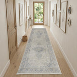 10' Gray Blue and Taupe Oriental Power Loom Runner Rug With Fringe