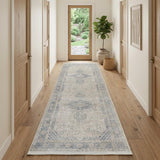 12' Gray Blue and Taupe Oriental Power Loom Worn Faded Runner Rug With Fringe