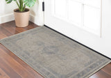 2' X 3' Gray Blue and Taupe Oriental Power Loom Worn Faded Area Rug With Fringe