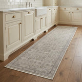 8' Gray and Ivory Oriental Power Loom Worn Faded Runner Rug With Fringe