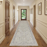 10' Gray and Ivory Oriental Power Loom Runner Rug With Fringe