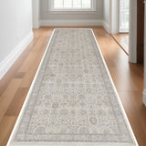 12' Gray and Ivory Oriental Power Loom Worn Faded Runner Rug With Fringe