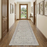 12' Gray and Ivory Oriental Power Loom Worn Faded Runner Rug With Fringe