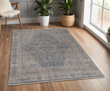 4' X 5' Gray Blue and Red Oriental Power Loom Worn Faded Area Rug With Fringe