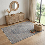 4' X 5' Gray Blue and Red Oriental Power Loom Worn Faded Area Rug With Fringe