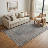 5' X 7' Gray Blue and Red Oriental Power Loom Worn Faded Area Rug With Fringe