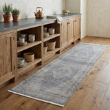 8' Gray Blue and Red Oriental Power Loom Worn Faded Runner Rug With Fringe