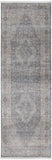 8' Gray Blue and Red Oriental Power Loom Worn Faded Runner Rug With Fringe