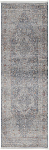 8' Gray Blue and Red Oriental Power Loom Worn Faded Runner Rug With Fringe