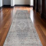 10' Gray Blue and Red Oriental Power Loom Runner Rug With Fringe