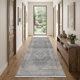 10' Gray Blue and Red Oriental Power Loom Runner Rug With Fringe