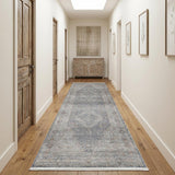 12' Gray Blue and Red Oriental Power Loom Worn Faded Runner Rug With Fringe