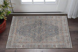2' X 3' Gray Blue and Red Oriental Power Loom Worn Faded Area Rug With Fringe