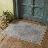 2' X 3' Gray Blue and Red Oriental Power Loom Worn Faded Area Rug With Fringe