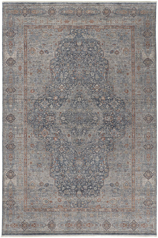 2' X 3' Gray Blue and Red Oriental Power Loom Worn Faded Area Rug With Fringe