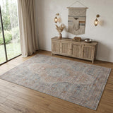 4' X 5' Gray Ivory and Orange Oriental Power Loom Worn Faded Area Rug With Fringe