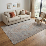 5' X 7' Gray Ivory and Orange Oriental Power Loom Worn Faded Area Rug With Fringe
